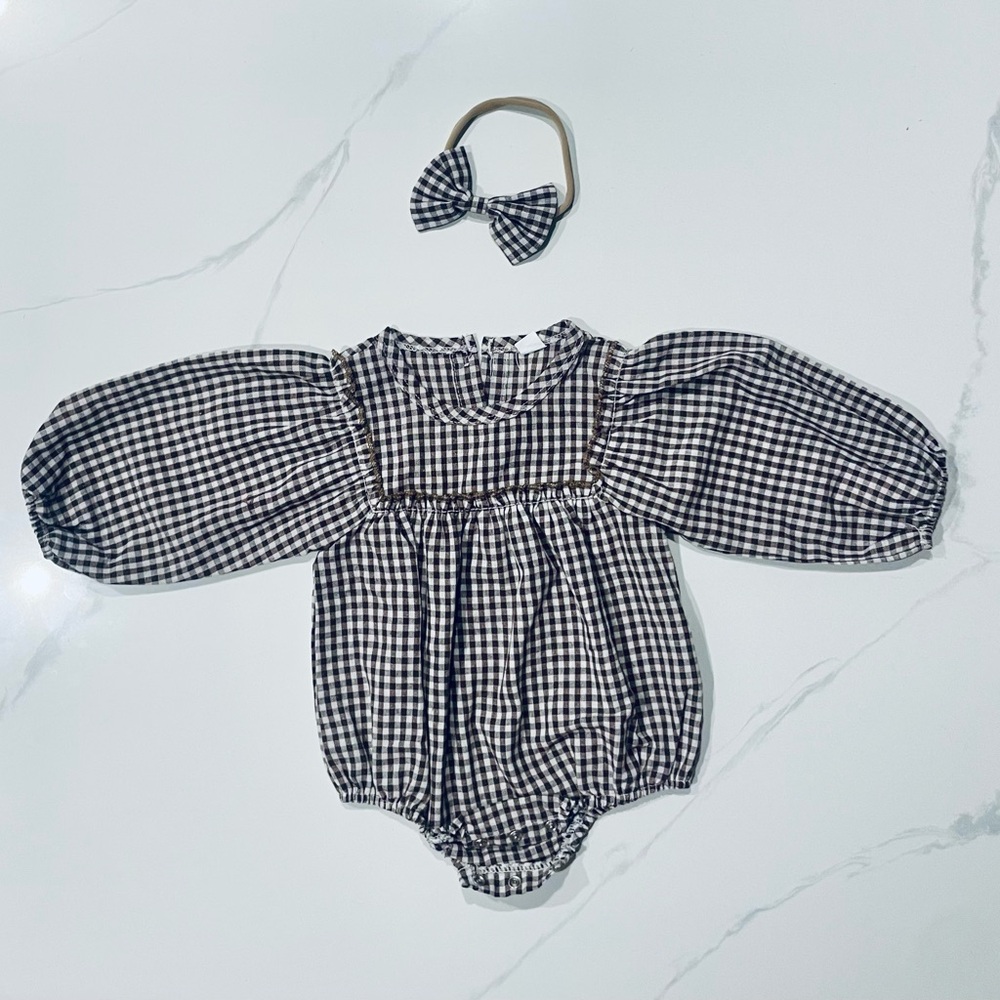 Brown and White Gingham Baby Romper with Headband